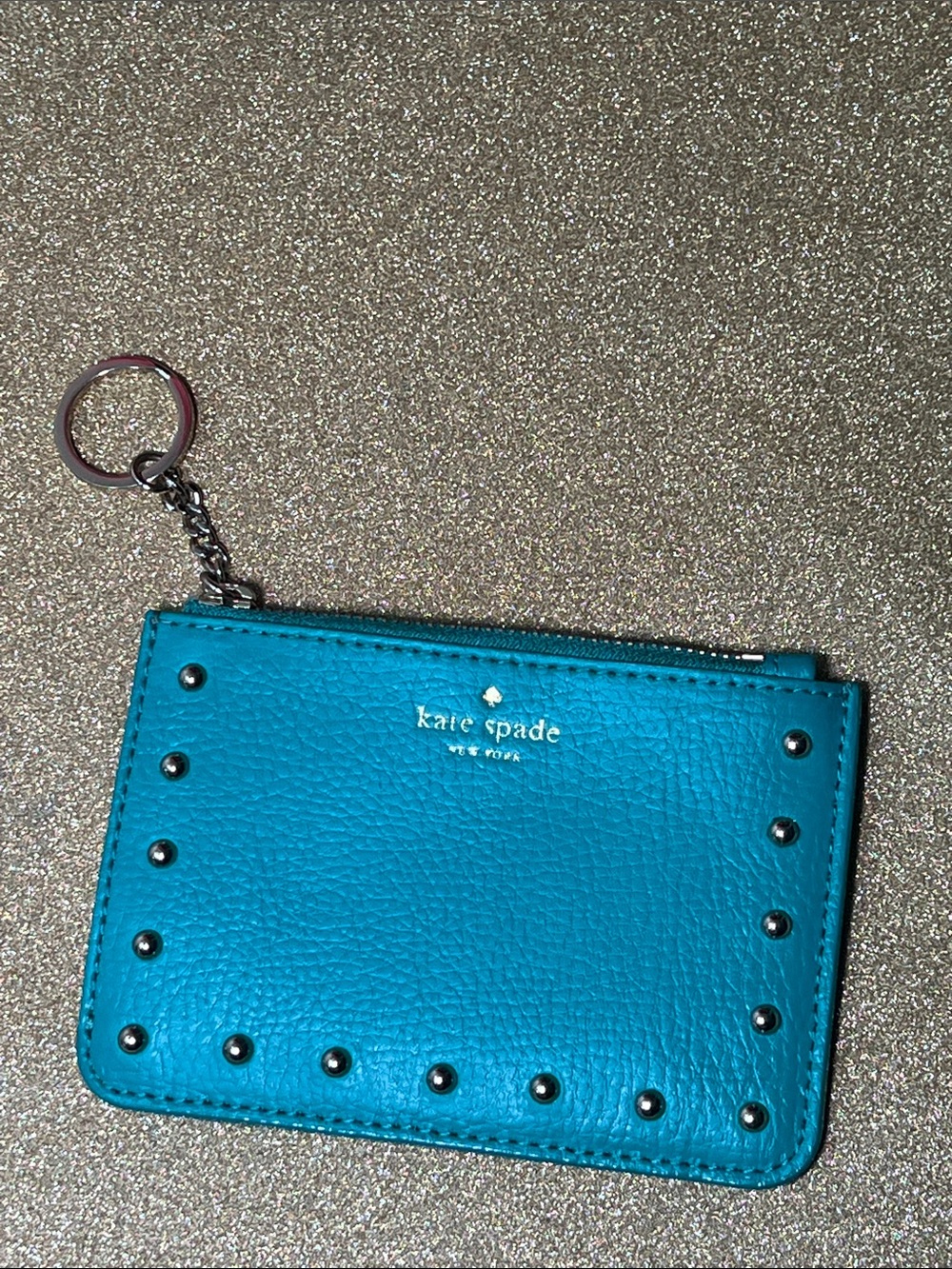 Kate Spade Studded Turquoise Pebbled Leather Zip Card Holder with Keyring